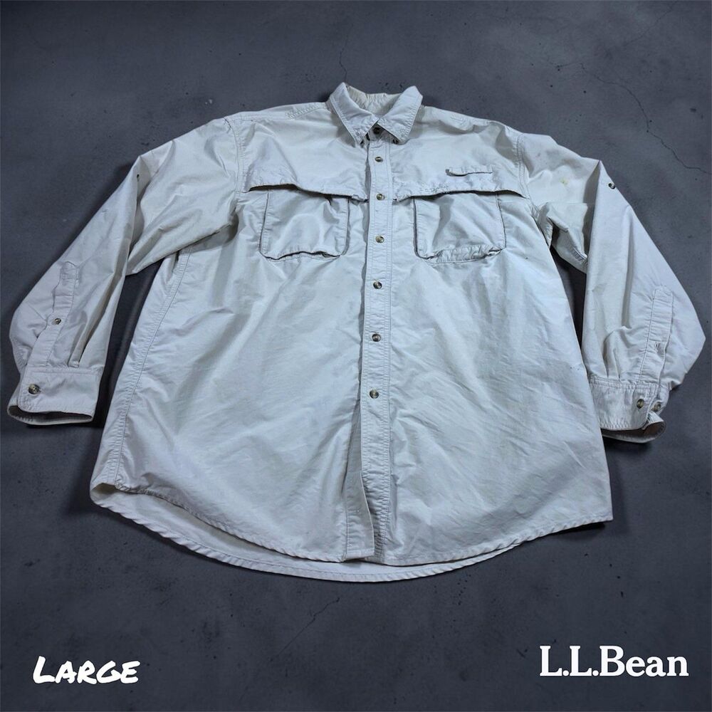 L. L. Bean Mens Vented Fishing Outdoor Shirt Size LARGE Reg Tan Item 192202